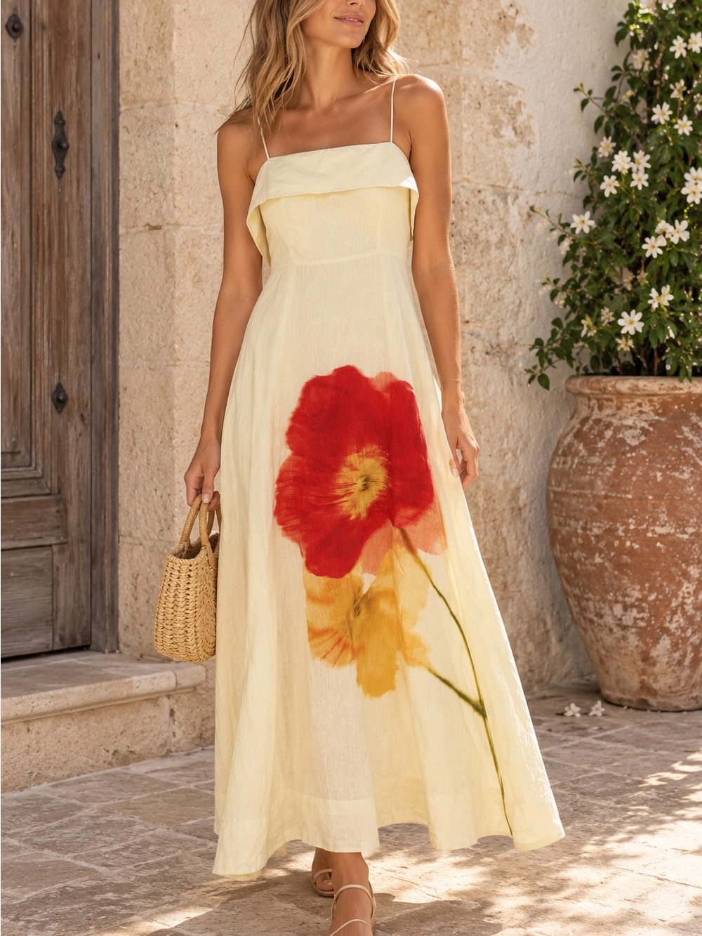 Astr Yellow Floral Maxi Dress with Red Accent